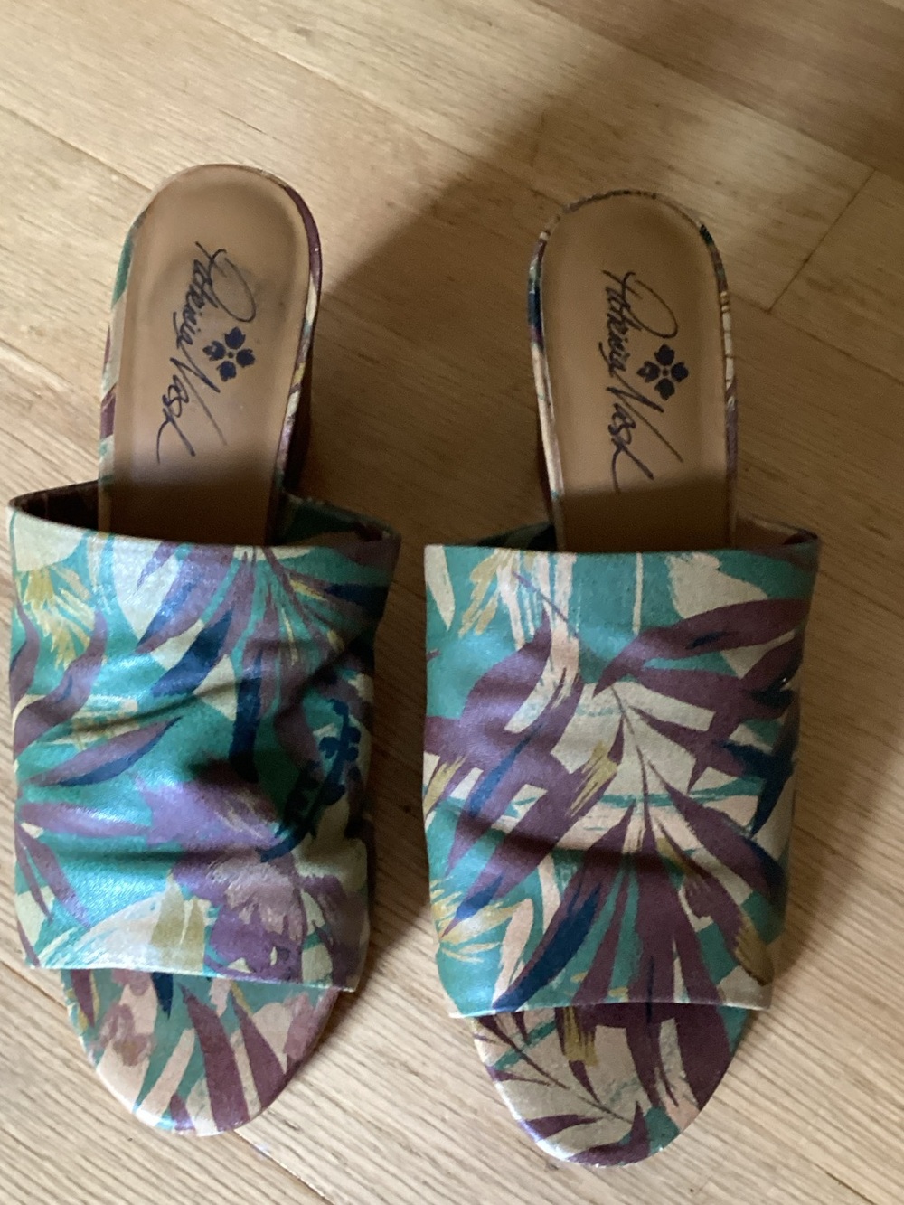 Patricia Nash Leaf-Print Leather in Green, Brown, Tan mules